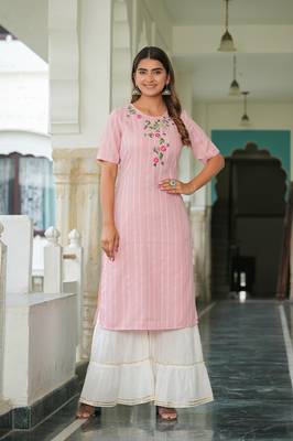 Women'S Stripe Printed Embroidered Straight Kurta (Pink) 2