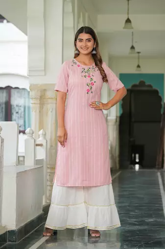 Women'S Stripe Printed Embroidered Straight Kurta (Pink)