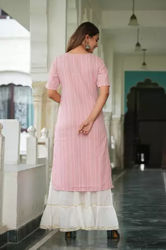 Women'S Stripe Printed Embroidered Straight Kurta (Pink)
