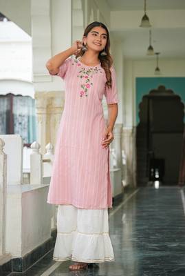 Women'S Stripe Printed Embroidered Straight Kurta (Pink) 1