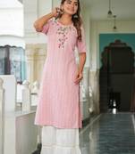 Women'S Stripe Printed Embroidered Straight Kurta (Pink)