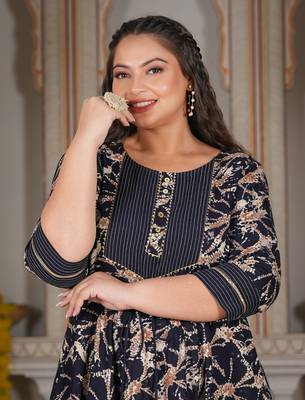 Women'S Plus Size Rayon Abstract Printed Anarkali Kurta (Blue) 5