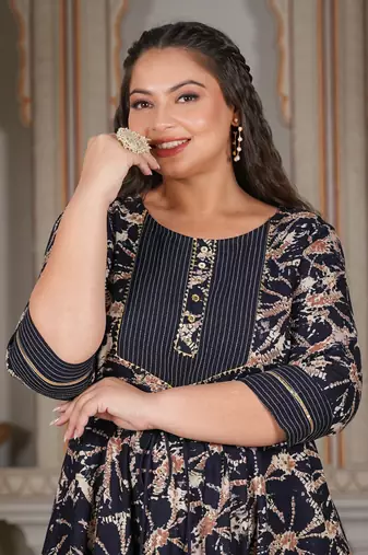 Women'S Plus Size Rayon Abstract Printed Anarkali Kurta (Blue)