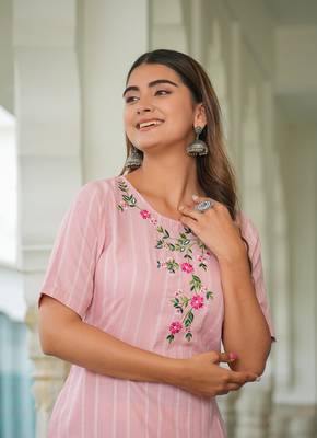 Women'S Stripe Printed Embroidered Straight Kurta (Pink) 4