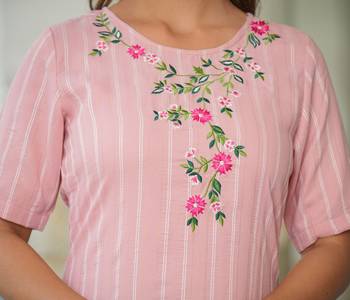Women'S Stripe Printed Embroidered Straight Kurta (Pink) 5