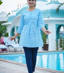 Women'S Cotton Floral Printed Short Kurti (Blue)