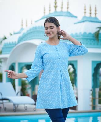 Women'S Cotton Floral Printed Short Kurti (Blue) 4