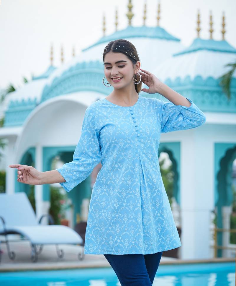 Women'S Cotton Floral Printed Short Kurti (Blue)
