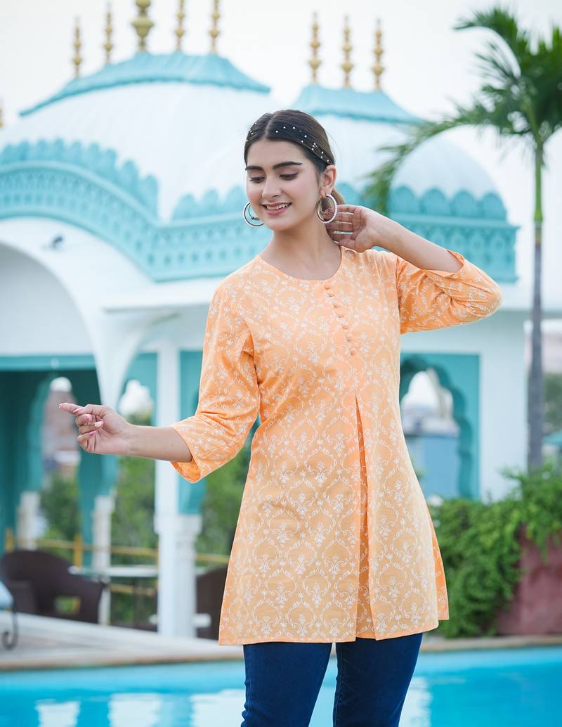 Women'S Cotton Floral Printed Short Kurti (Orange)