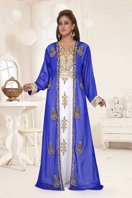 Royal Blue & White color Full Sleeves Handmade Two Piece Jacket Style Moroccan Kaftan 1