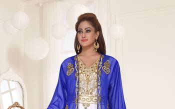 Royal Blue & White color Full Sleeves Handmade Two Piece Jacket Style Moroccan Kaftan 2