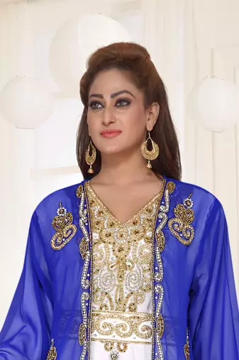 Royal Blue & White color Full Sleeves Handmade Two Piece Jacket Style Moroccan Kaftan