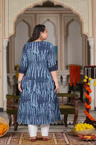 Women'S Plus Size Tie & Dye Printed Anarkali Kurti (Blue)