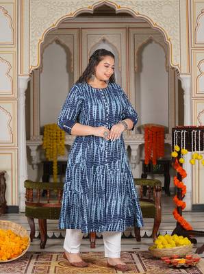Women'S Plus Size Tie & Dye Printed Anarkali Kurti (Blue) 3