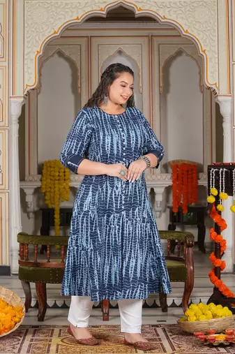 Women'S Plus Size Tie & Dye Printed Anarkali Kurti (Blue)