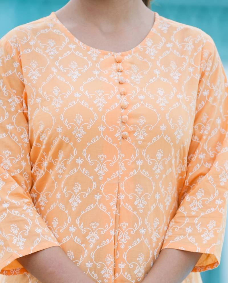 Women'S Cotton Floral Printed Short Kurti (Orange)