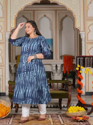 Women'S Plus Size Tie & Dye Printed Anarkali Kurti (Blue) 4