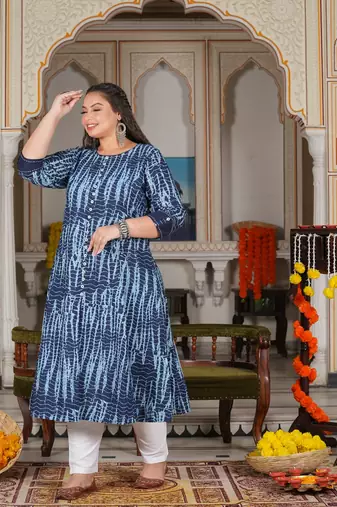 Women'S Plus Size Tie & Dye Printed Anarkali Kurti (Blue)