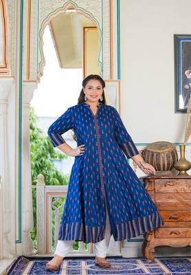 Women'S Plus Size Rayon Ikat Printed Anarkali Kurta (Blue) 2