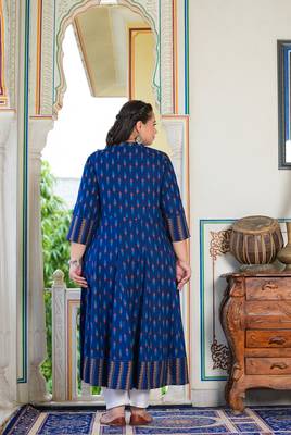 Women'S Plus Size Rayon Ikat Printed Anarkali Kurta (Blue) 3