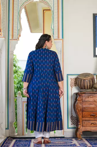 Women'S Plus Size Rayon Ikat Printed Anarkali Kurta (Blue)