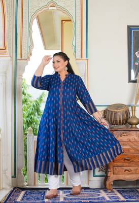Women'S Plus Size Rayon Ikat Printed Anarkali Kurta (Blue) 4