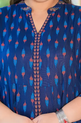 Women'S Plus Size Rayon Ikat Printed Anarkali Kurta (Blue)