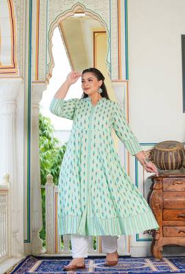 Women'S Plue Size Rayon Ikat Printed Anarkali Kurta (Green) 4