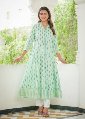 Women'S Rayon Ikat Printed Anarkali Kurta (Green) 2