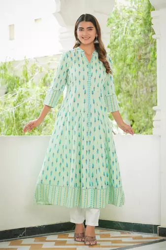Women'S Rayon Ikat Printed Anarkali Kurta (Green)