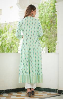 Women'S Rayon Ikat Printed Anarkali Kurta (Green) 3