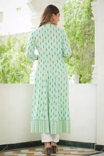 Women'S Rayon Ikat Printed Anarkali Kurta (Green)