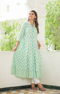 Women'S Rayon Ikat Printed Anarkali Kurta (Green) 1