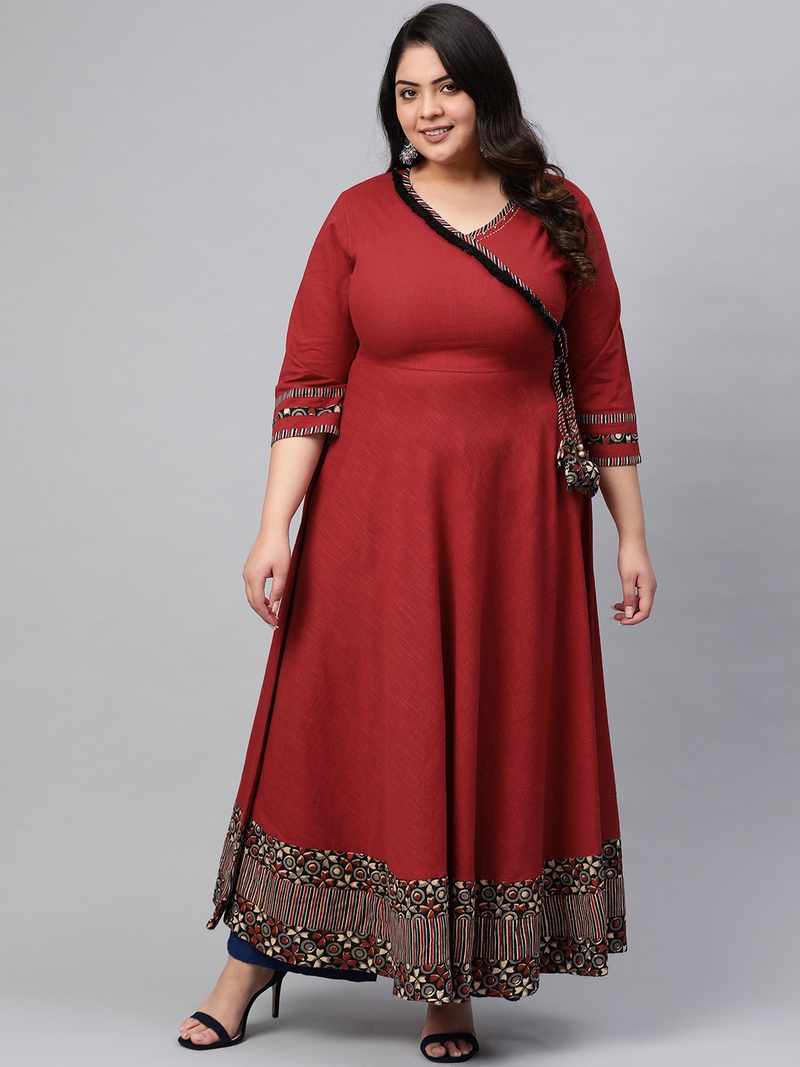 Women'S Cotton Printed Angrakha Style Anarkali Kurta (Maroon)