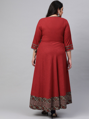 Women'S Cotton Printed Angrakha Style Anarkali Kurta (Maroon) 2