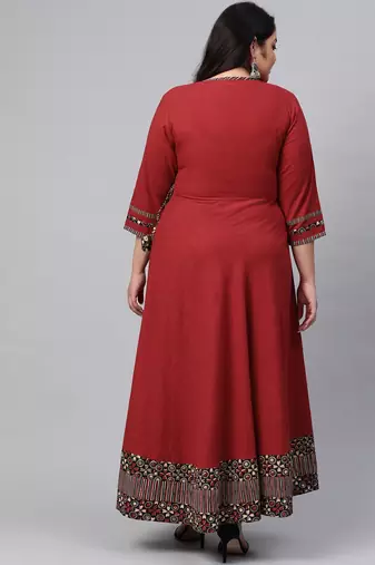Women'S Cotton Printed Angrakha Style Anarkali Kurta (Maroon)