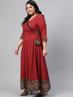 Women'S Cotton Printed Angrakha Style Anarkali Kurta (Maroon) 3