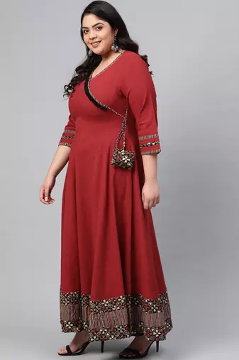Women'S Cotton Printed Angrakha Style Anarkali Kurta (Maroon)
