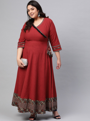 Women'S Cotton Printed Angrakha Style Anarkali Kurta (Maroon) 4