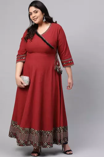 Women'S Cotton Printed Angrakha Style Anarkali Kurta (Maroon)