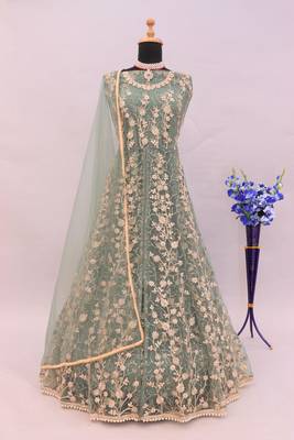 Light green embroidered butterfly net semi stitched anarkali suit 3