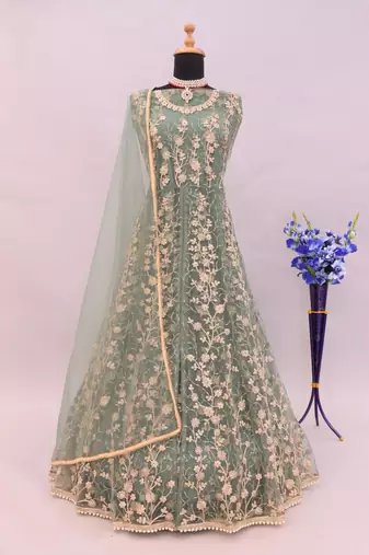 Light green embroidered butterfly net anarkali suit