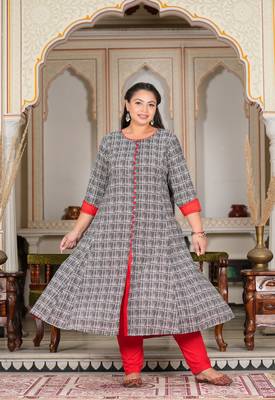 Women'S Plus Size Cotton Printed Anarkali Kurta (Grey) 2