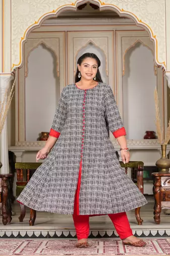 Women'S Plus Size Cotton Printed Anarkali Kurta (Grey)