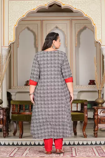 Women'S Plus Size Cotton Printed Anarkali Kurta (Grey)