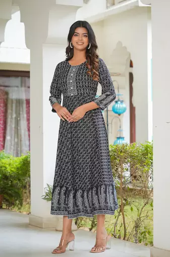 Women'S Geomatrical Jamdani Printed Kurta (Black)