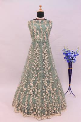 Light green embroidered butterfly net semi stitched anarkali suit 4