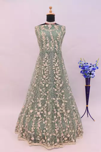 Light green embroidered butterfly net anarkali suit