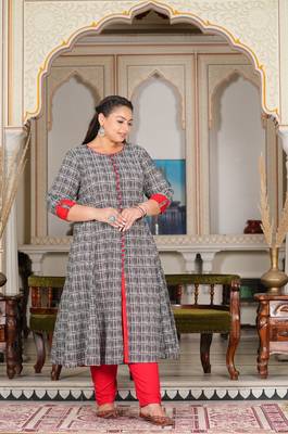 Women'S Plus Size Cotton Printed Anarkali Kurta (Grey) 1