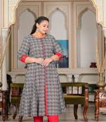 Women'S Plus Size Cotton Printed Anarkali Kurta (Grey)